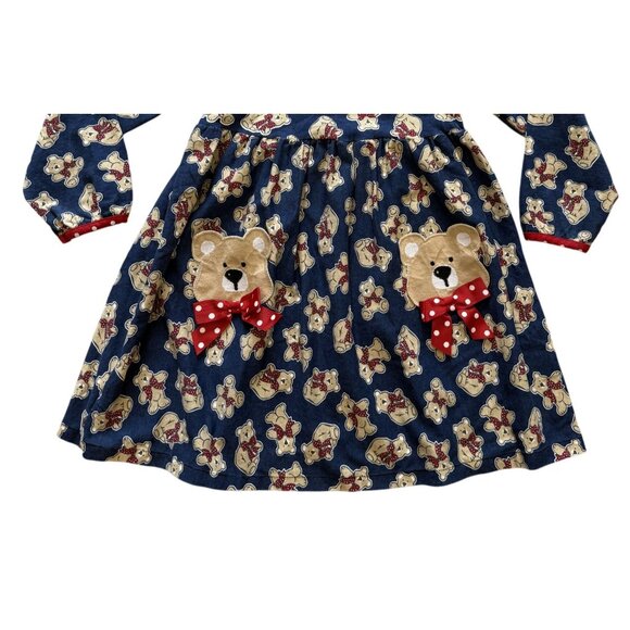 Buster Brown Girls 6X Teddy Bear Dress With Pockets Navy & Red Polka Dot Collar - Picture 3 of 6